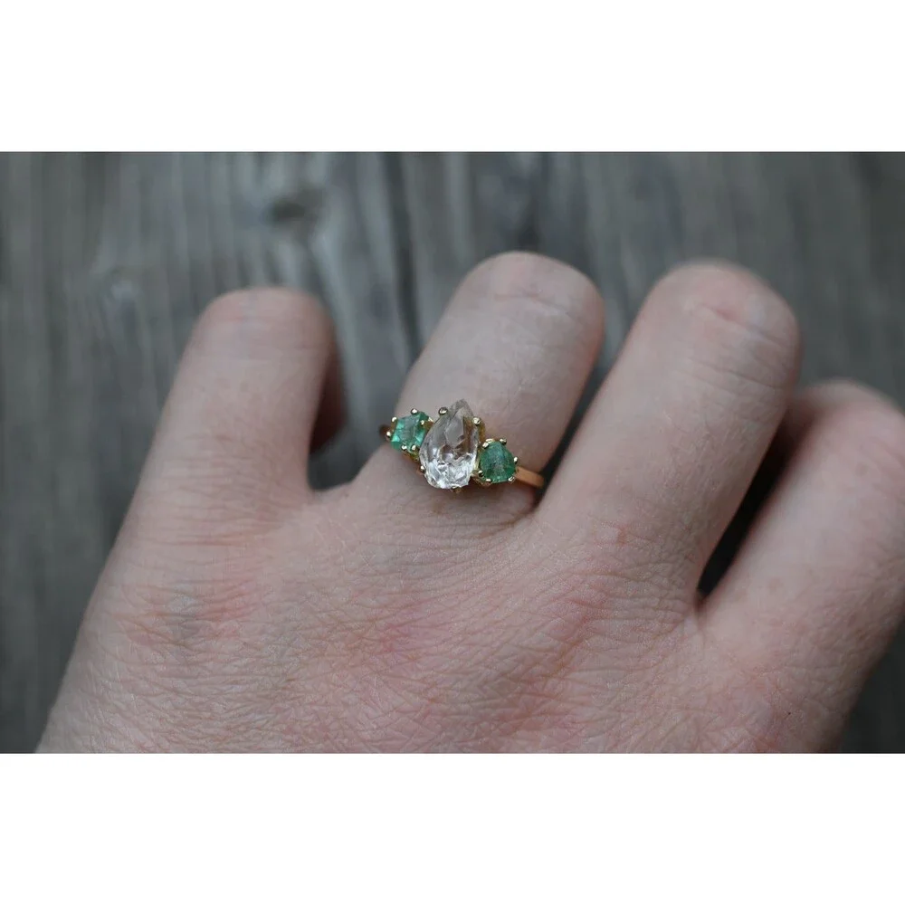 Engagement ring Raw emerald , raw Lake County diamond ring  size 4 5 6  7 8 9 10